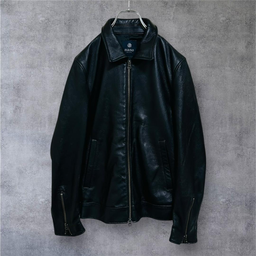 美品 ナノユニバース 羊革 シングルライダースジャケット 黒 柔らかラムレザー
