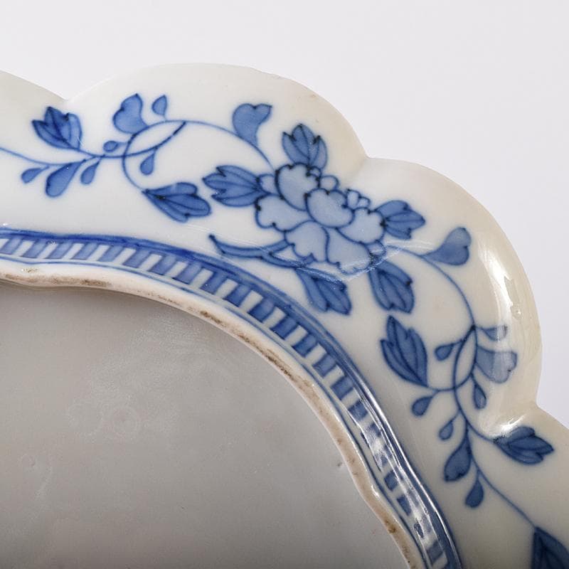 鍋島焼　古鍋島　染錦　七宝花文　楕円輪花皿　時代箱付　V　R7940