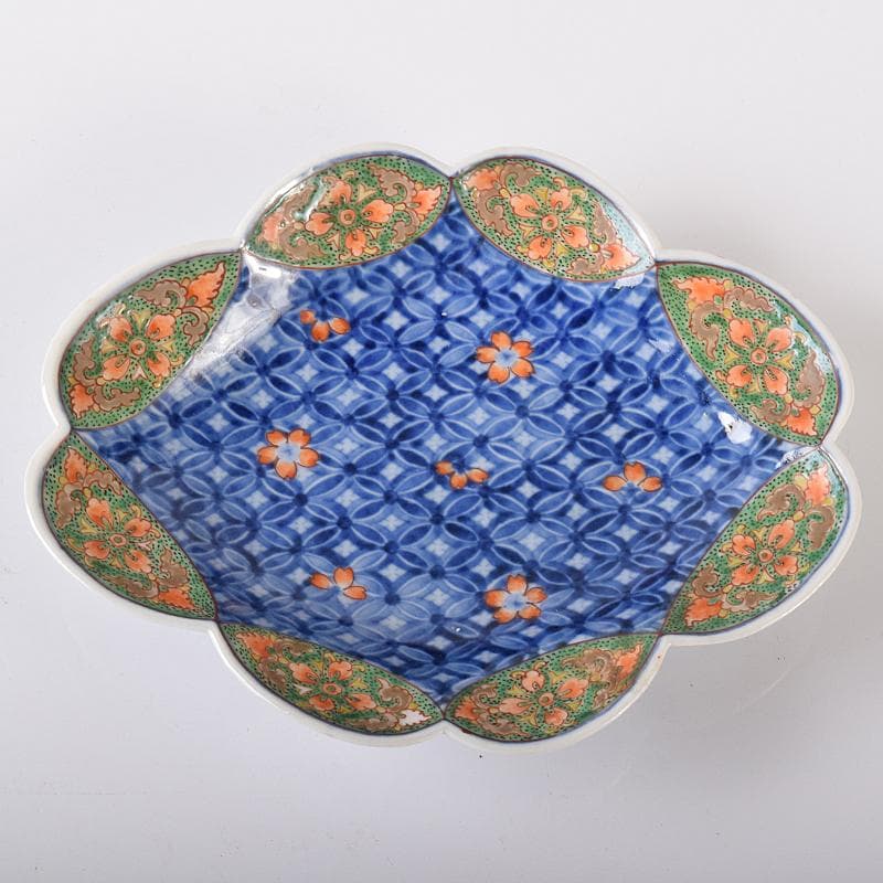 鍋島焼　古鍋島　染錦　七宝花文　楕円輪花皿　時代箱付　V　R7940