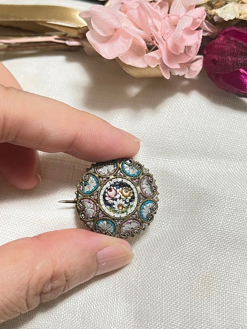 マイクロモザイク ブローチ イギリスアンティーク 英国