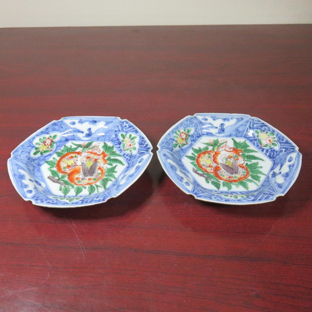 六角皿 色絵付 ザクロ セミ 染付 変形皿 明治 大正 窯傷 2枚