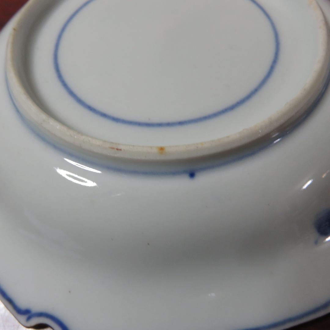 六角皿 色絵付 ザクロ セミ 染付 変形皿 明治 大正 窯傷 2枚