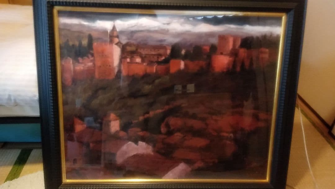 スペイン風景油絵40号 松田　弘　赤い城（アルハンブラ宮殿)