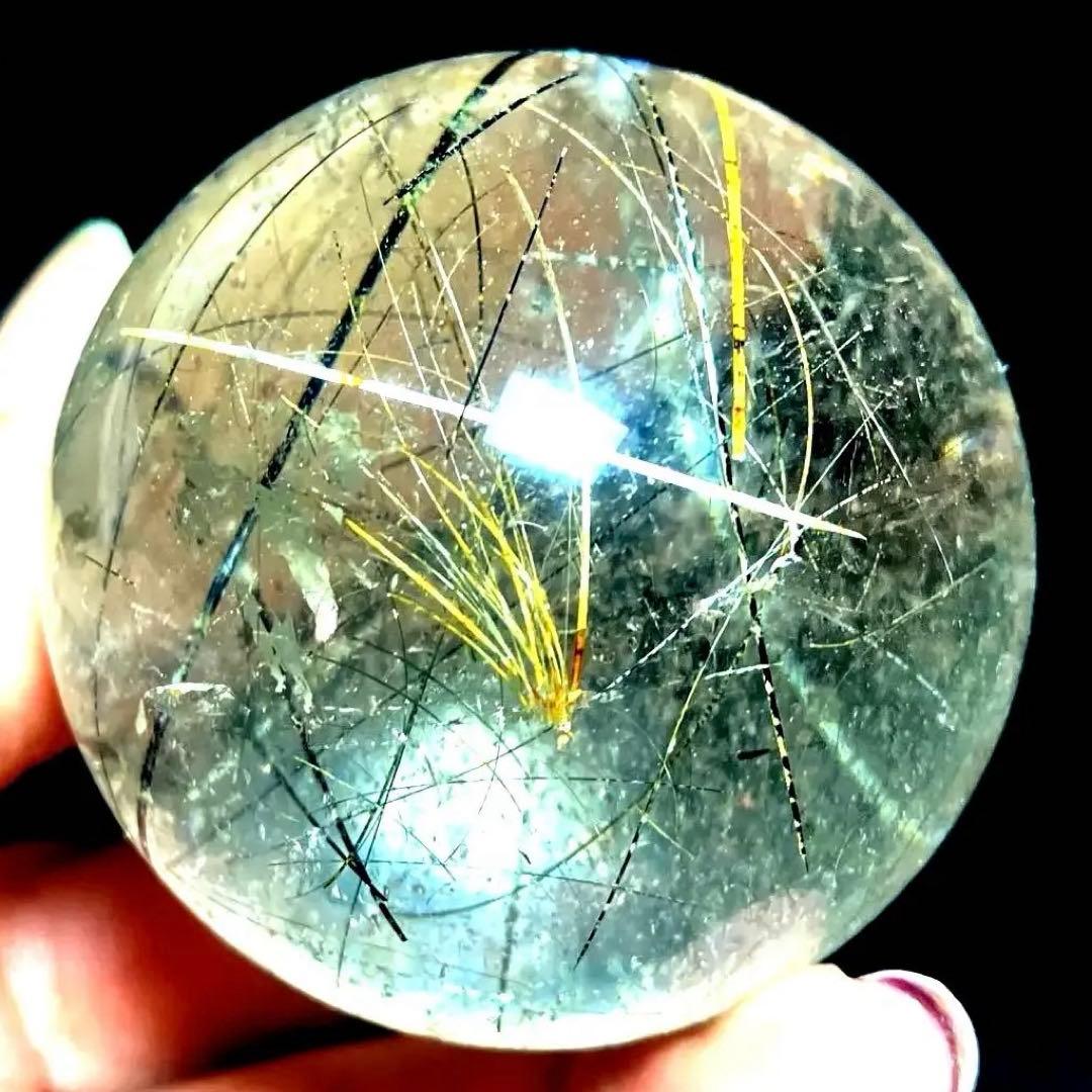 45mm ゴールドブラックルチルクォーツ　丸玉　スフィア　金黒針水晶