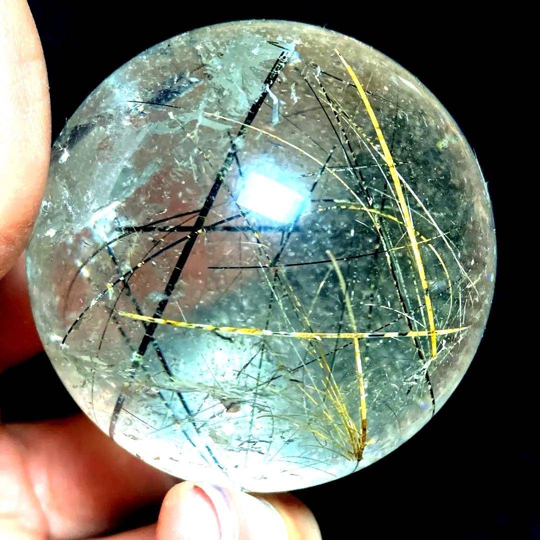 45mm ゴールドブラックルチルクォーツ　丸玉　スフィア　金黒針水晶