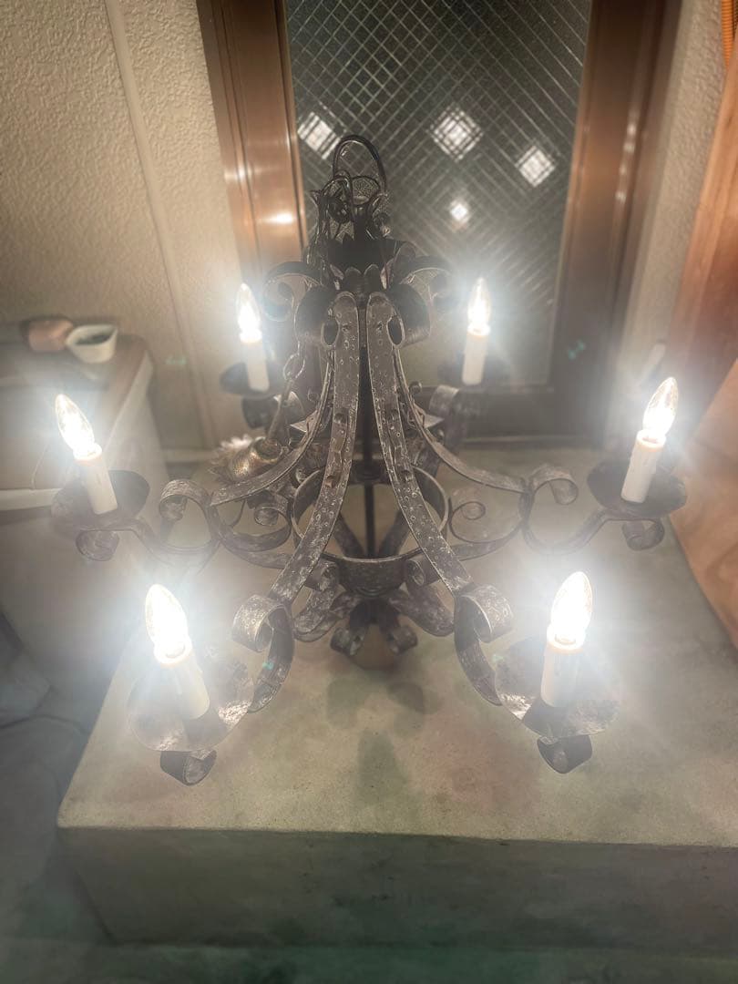 大正ロマン　6灯シャンデリア　アンティーク　燭台風　洋館　レトロ　鉄製　中古品