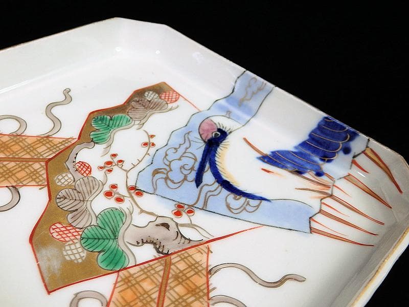 古伊万里　染錦　松に丹頂鶴の図　角皿　４枚　D827AS-BJn