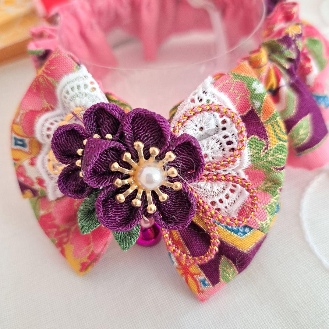 短毛シュシュ和風つまみ細工(紫)わんちゃん猫ちゃん用