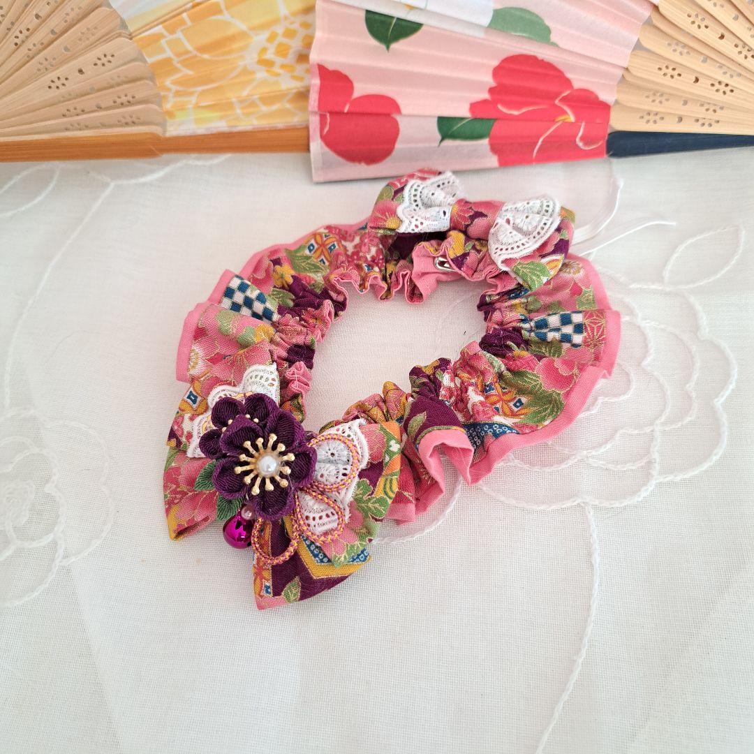 短毛シュシュ和風つまみ細工(紫)わんちゃん猫ちゃん用