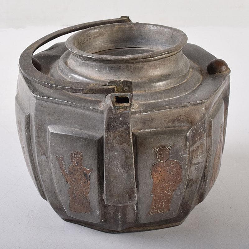 BLACK　中国　古錫　人物文　八角湯沸かし　急須　V　8087