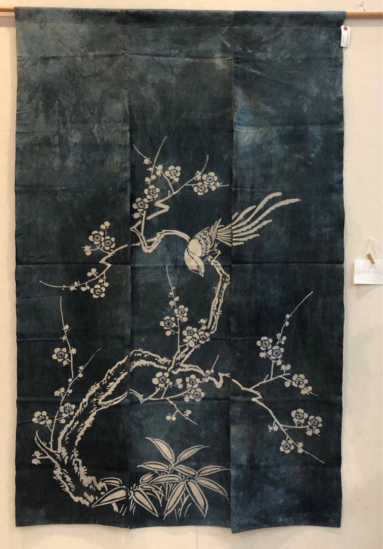 藍染筒描き三巾加賀のれん時代物木綿古布　ソ-282