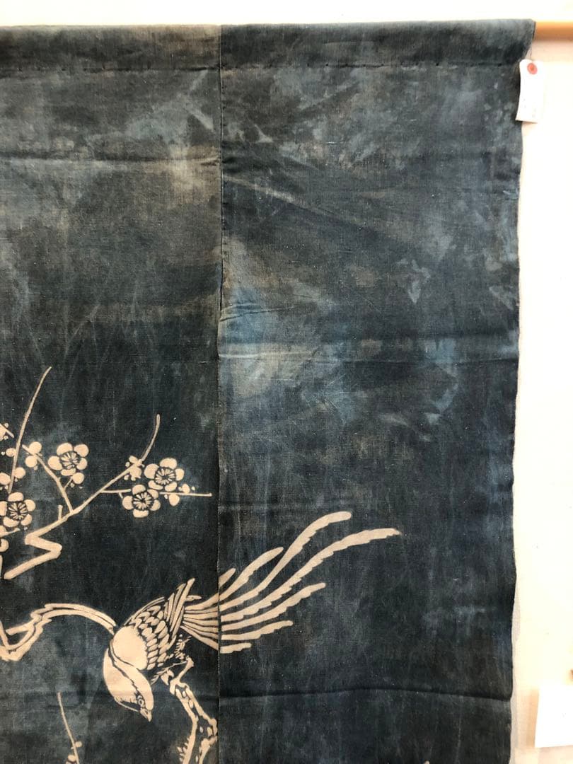 藍染筒描き三巾加賀のれん時代物木綿古布　ソ-282