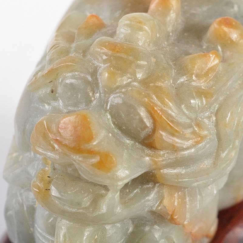 中国　玉石彫刻　神獣　紙鎮　置物　唐木台付　C　R5414