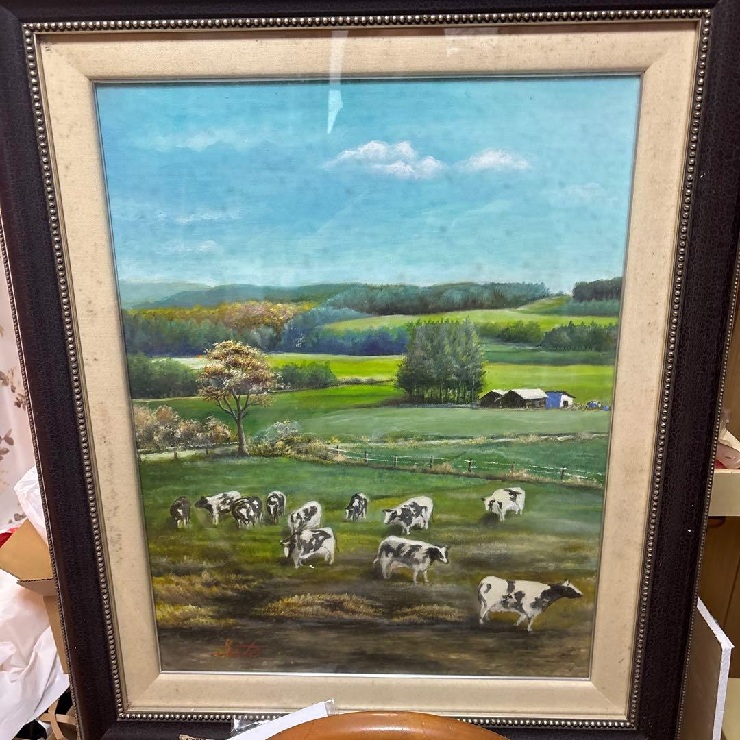 油彩画 牧場の風景 牛たち