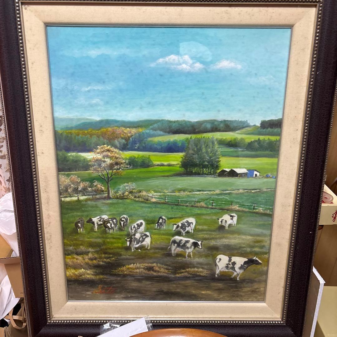油彩画 牧場の風景 牛たち