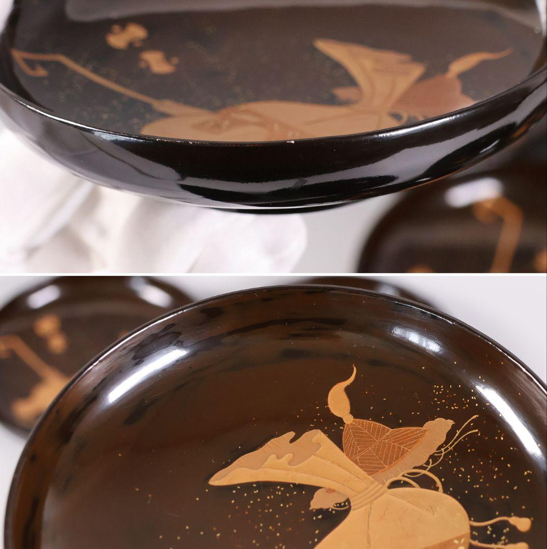 【MB191】輪島塗 宝尽くし金蒔絵 黒塗椀 五客 天然木漆塗 大正昭和 茶懐石