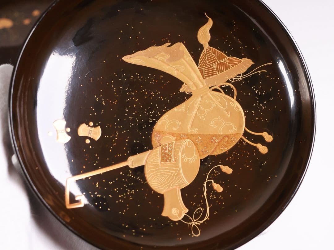 【MB191】輪島塗 宝尽くし金蒔絵 黒塗椀 五客 天然木漆塗 大正昭和 茶懐石