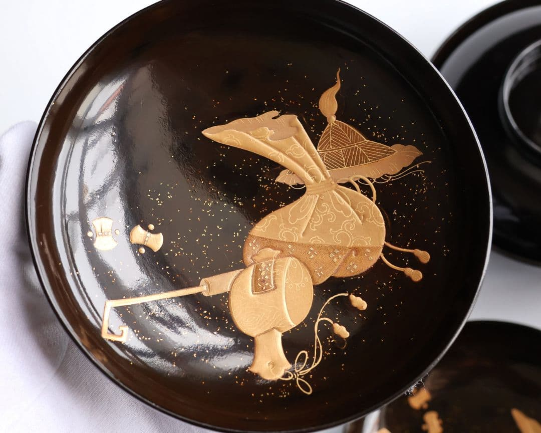 【MB191】輪島塗 宝尽くし金蒔絵 黒塗椀 五客 天然木漆塗 大正昭和 茶懐石