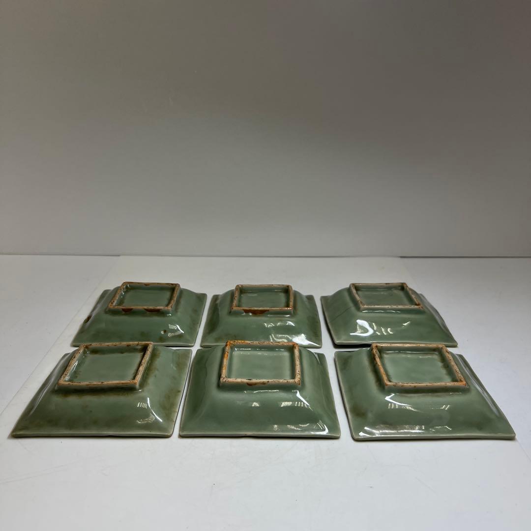 江戸後期　三田青磁鹿文角皿12枚　木箱付　東Y8-0122☆2Fトヒル