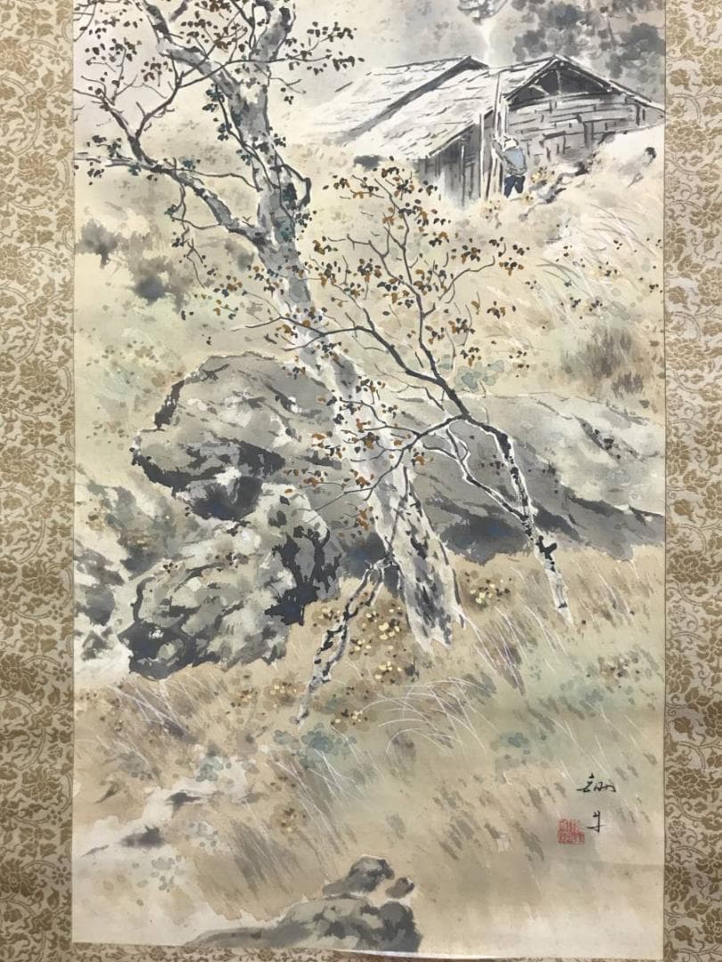 【真作】吉田鋤牛/晩秋之図/秋景山水図/山水図/掛軸☆宝船☆AD-498
