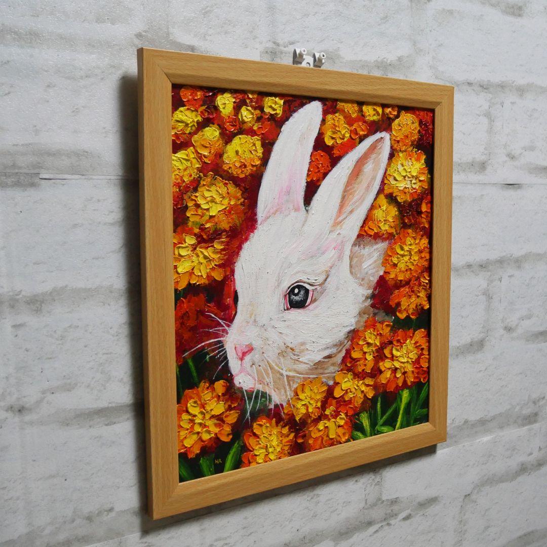 油絵 絵画【マリーゴールドのうさぎ】