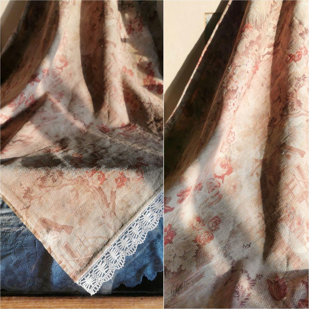 アンティークフランス トワルドジュイ 家と薔薇チューリップ ボビンレースカーテン