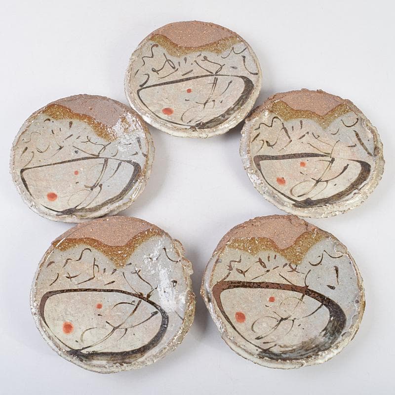 和食器　唐津焼　絵唐津　鉄絵　丸皿　銘々皿　五客　在銘　共箱　V　R9161B