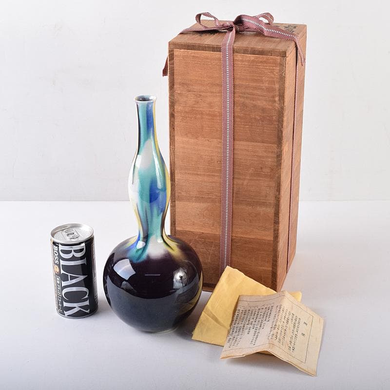 九谷焼　柳雨軒　三代八十吉　徳田正彦作　彩釉　花生　共箱　D　R8635B