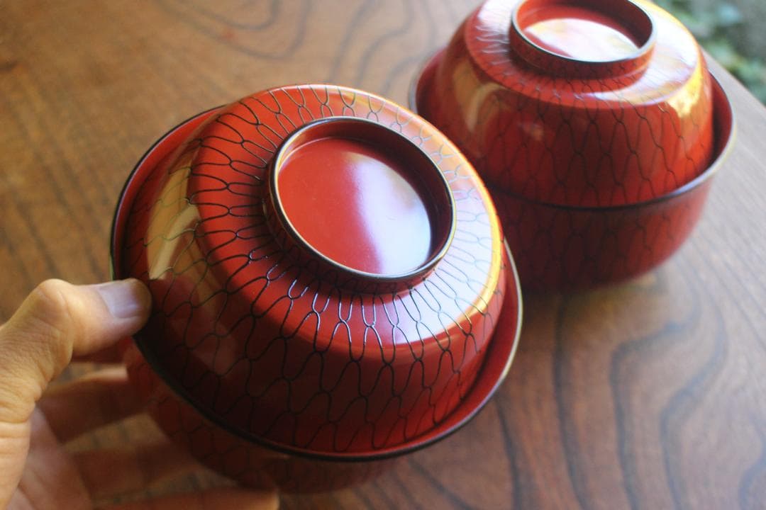 極小傷有！極上朱漆に風情ある網目文の映える大椀2点（検輪島塗懐石道具茶道具懐石椀