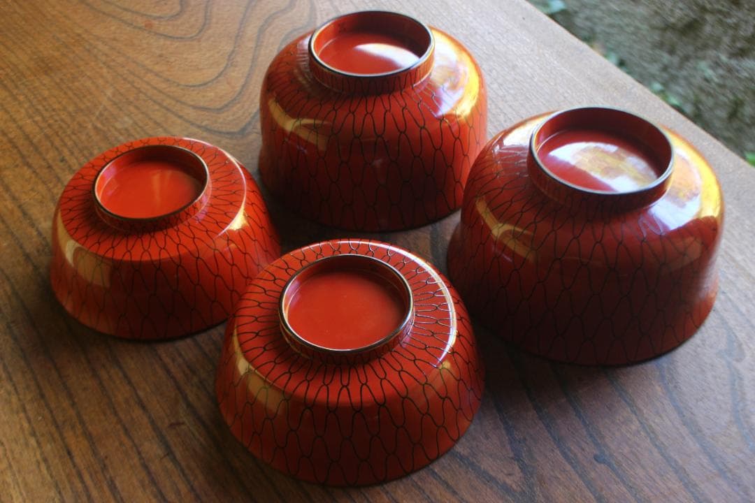 極小傷有！極上朱漆に風情ある網目文の映える大椀2点（検輪島塗懐石道具茶道具懐石椀