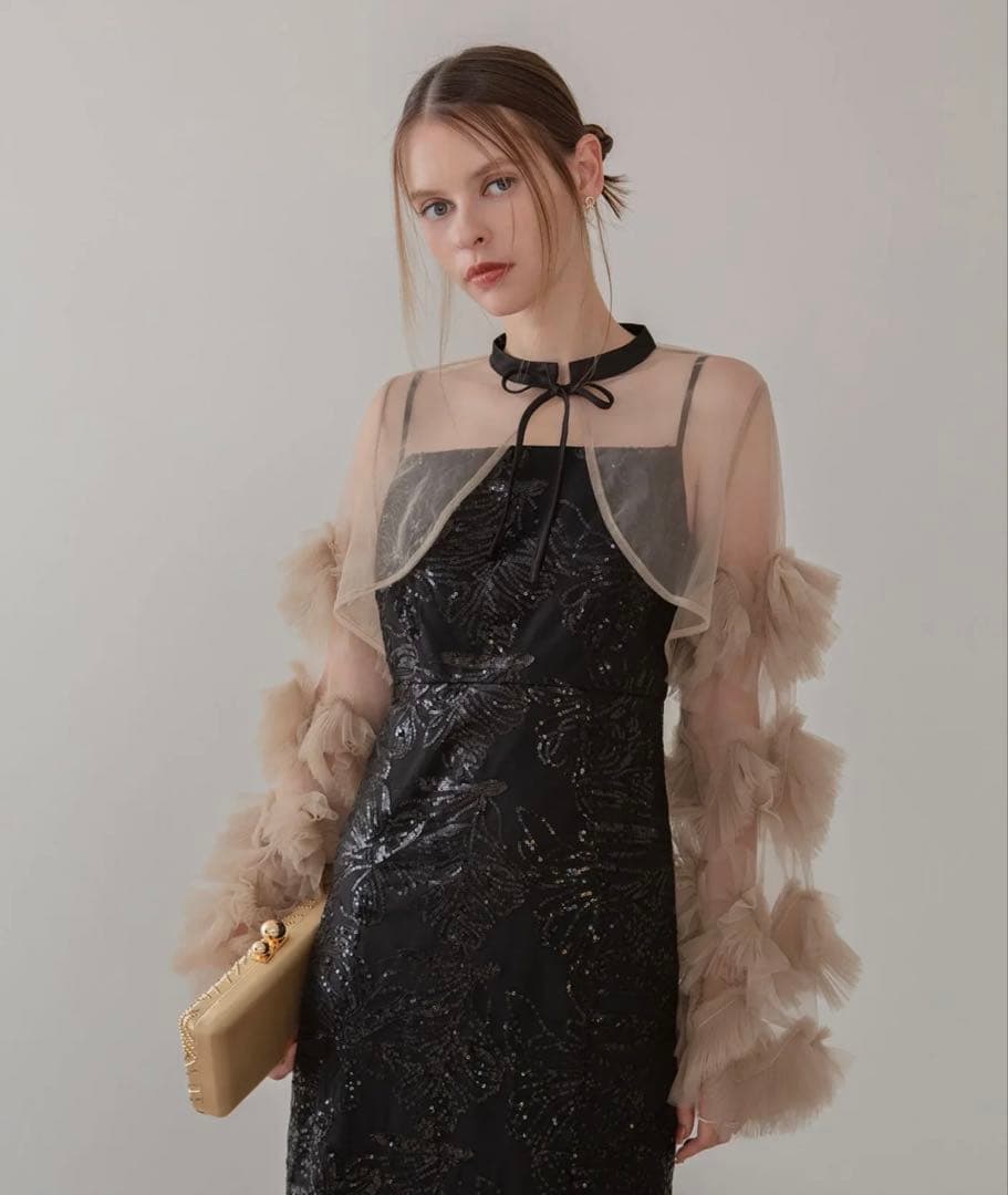 LEJA（レジャ）フリルチュールスリーブリボンIラインワンピースドレス