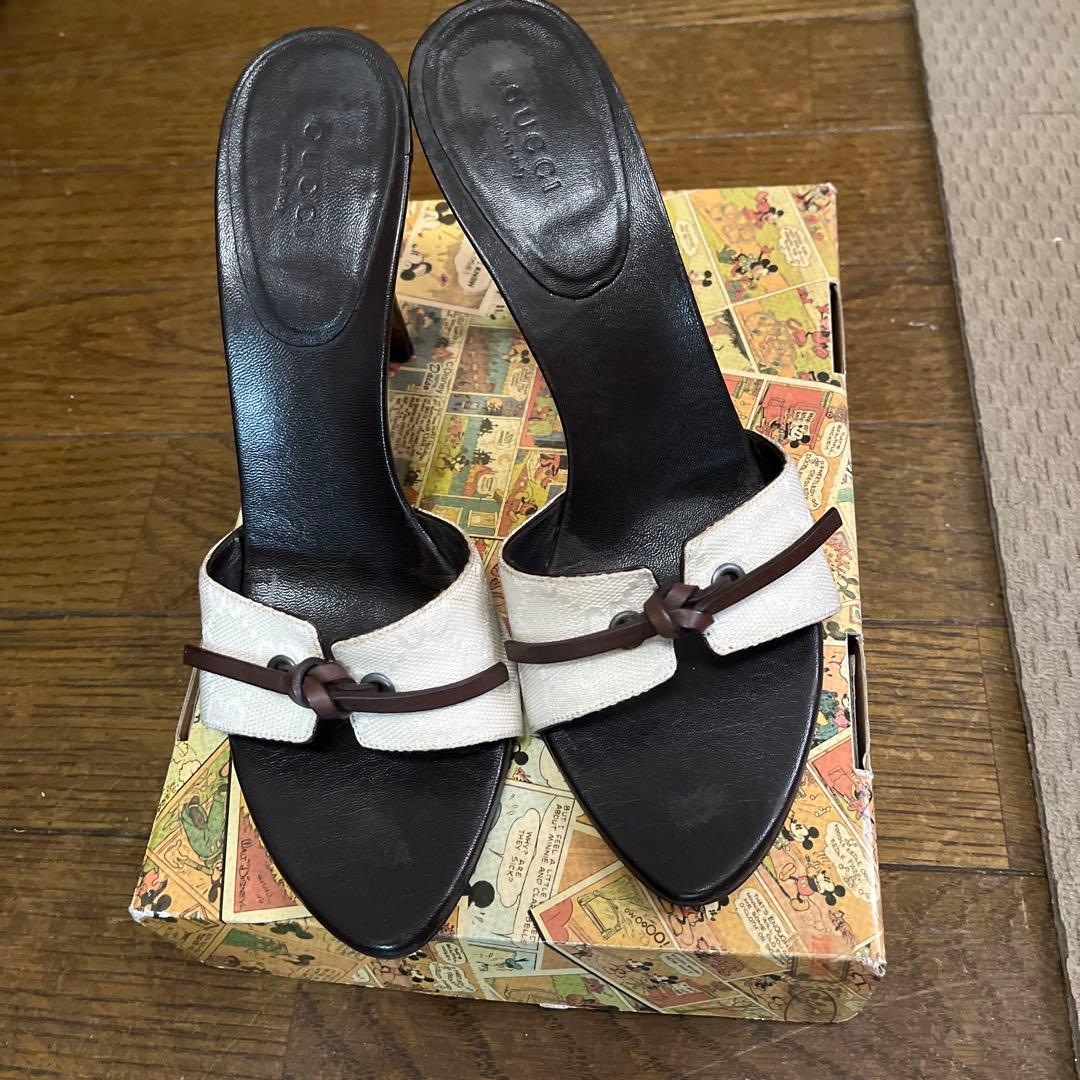 GUCCI ホワイト ブラック ミュール 約10cmヒール