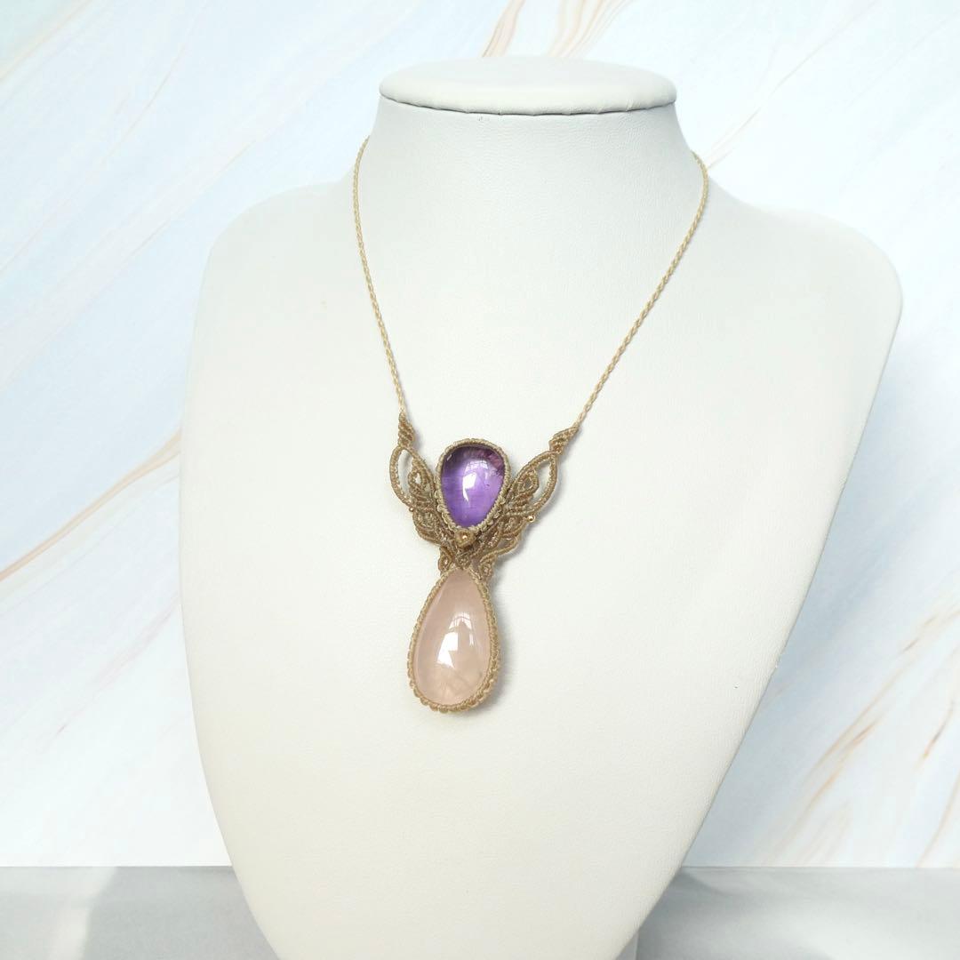 ローズクォーツ・アメジストのマクラメネックレス