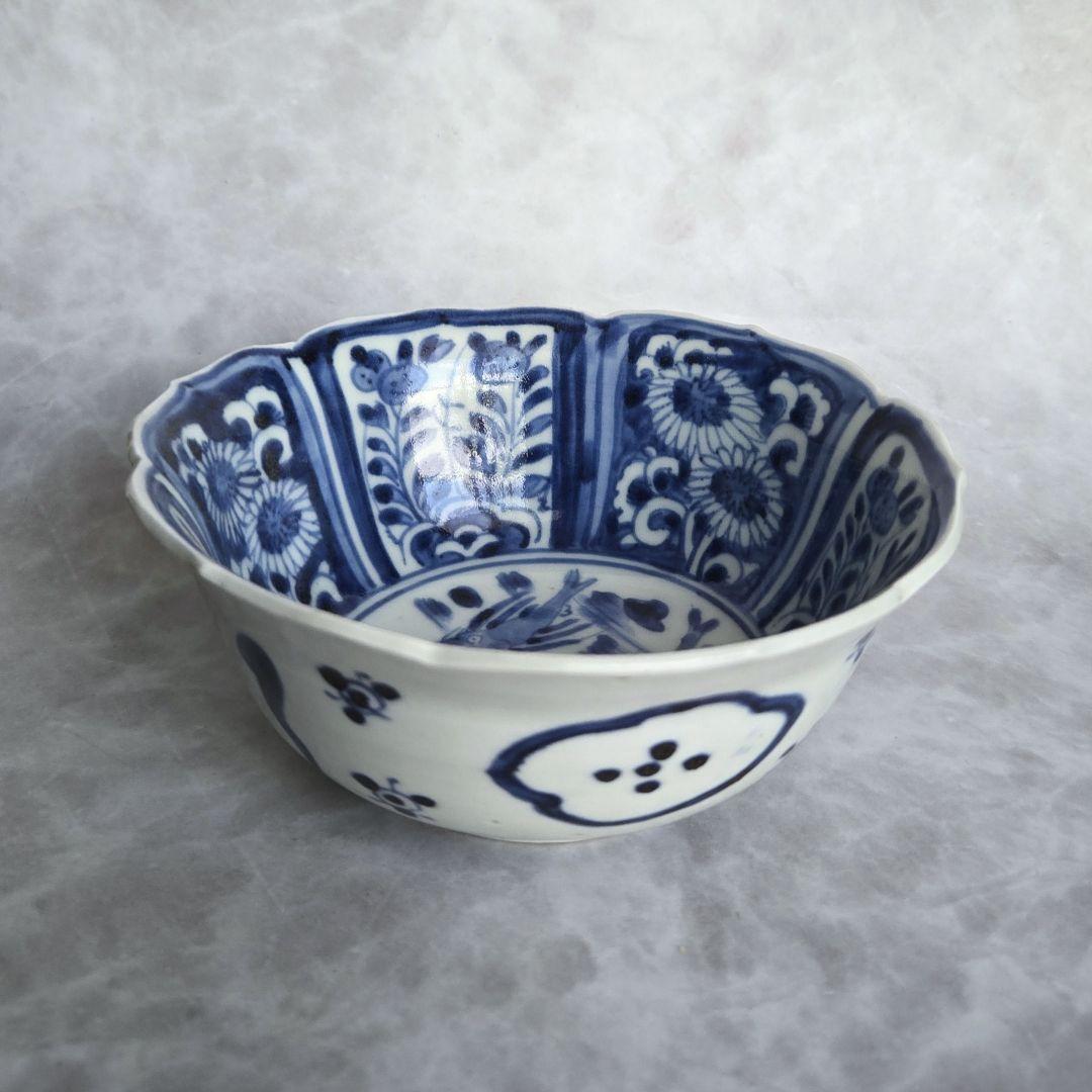 古伊万里　芙蓉手　向付　深鉢　江戸時代　染付　魚　金直し　金継ぎ　アンティーク