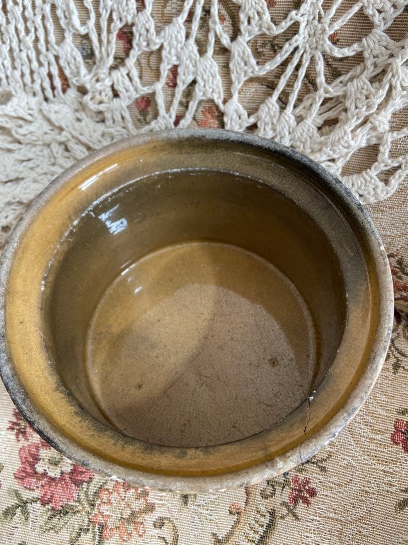 最終値下げ！ヒビありフランスアンティーク釉薬テリーヌポット☆金継ぎ南仏グラタン皿