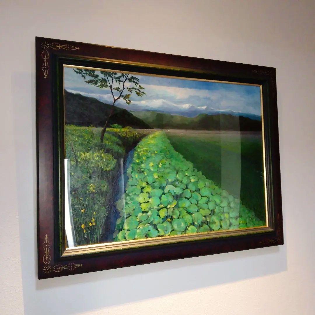 【高級特注額縁】蓮根畑　蓮　風景画　肉筆画　油彩画　大判　サイン有り