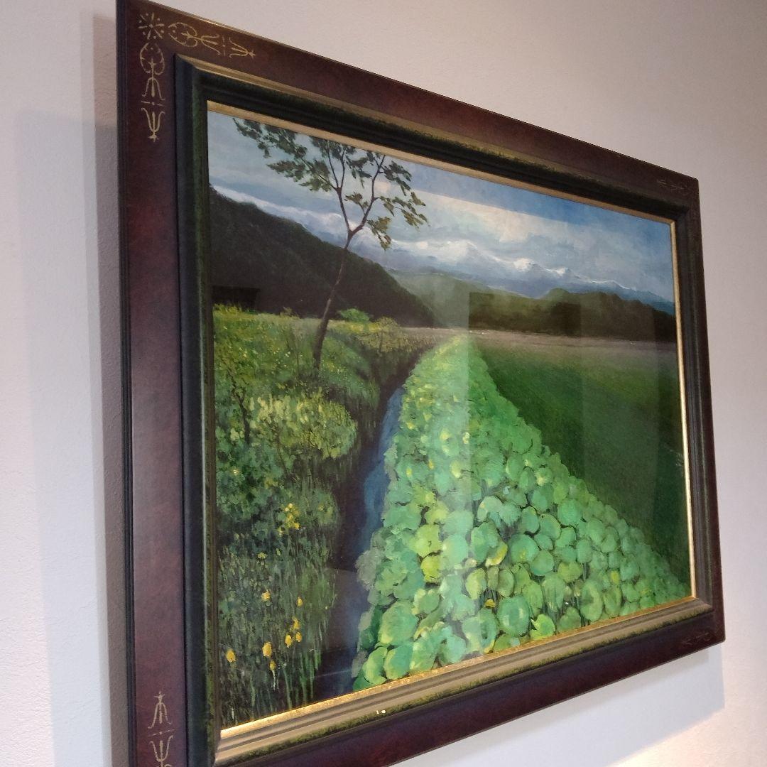 【高級特注額縁】蓮根畑　蓮　風景画　肉筆画　油彩画　大判　サイン有り
