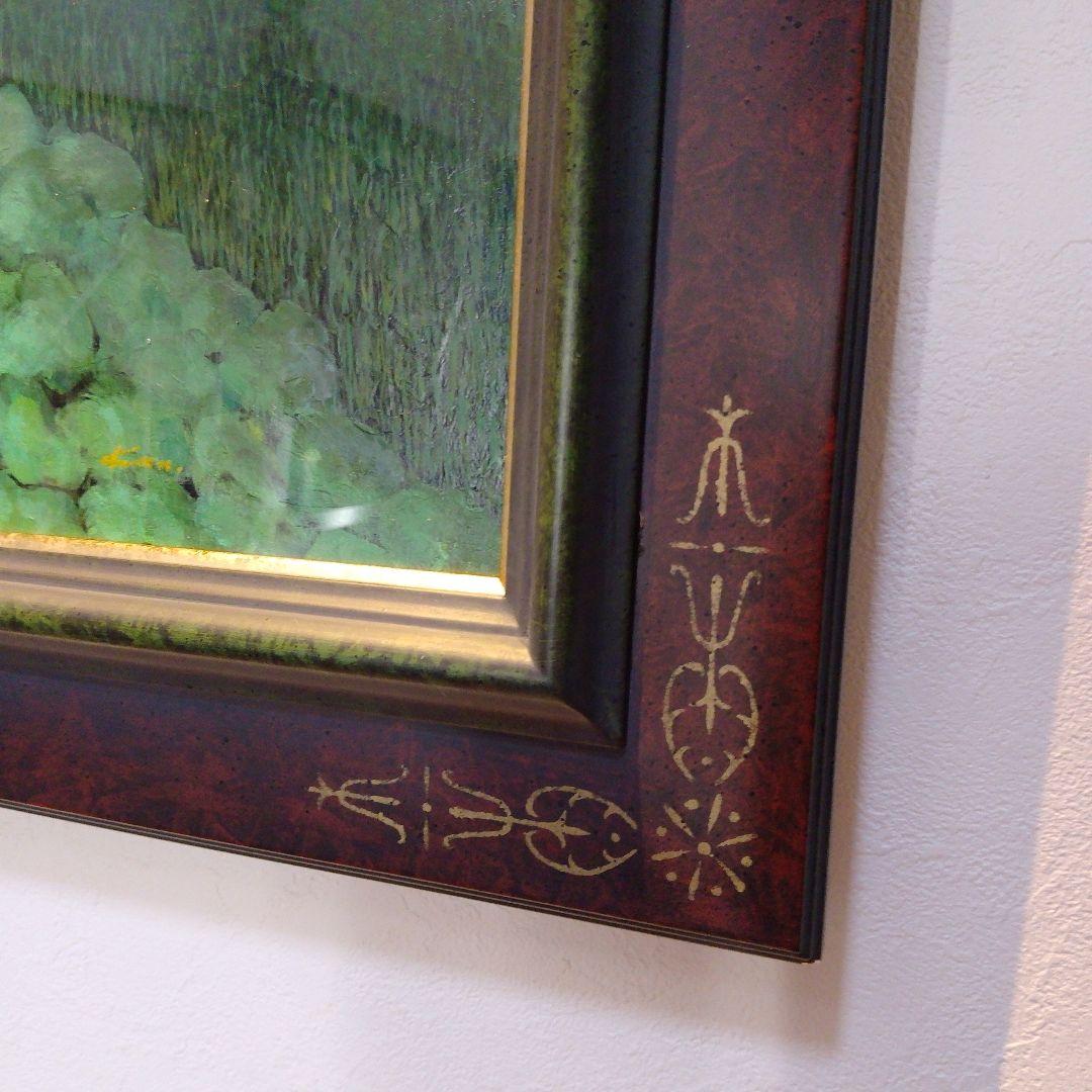 【高級特注額縁】蓮根畑　蓮　風景画　肉筆画　油彩画　大判　サイン有り