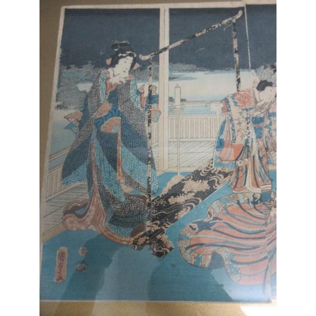 江戸版画歌川国貞美人画三枚綴り額入り [B28135]