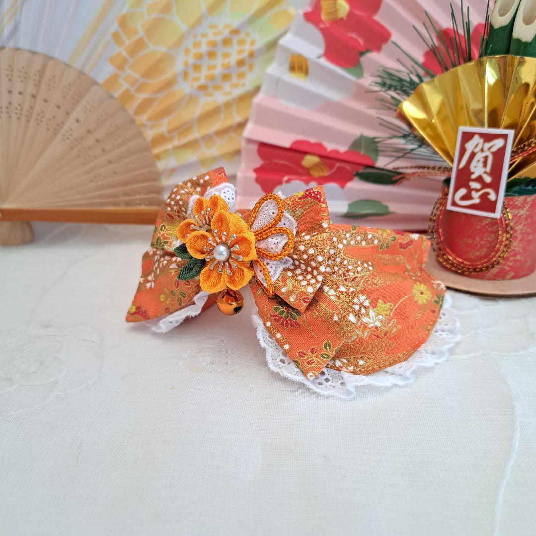 お正月仕様和風つまみ細工(橙色)わんちゃん猫ちゃん用襟つき首輪