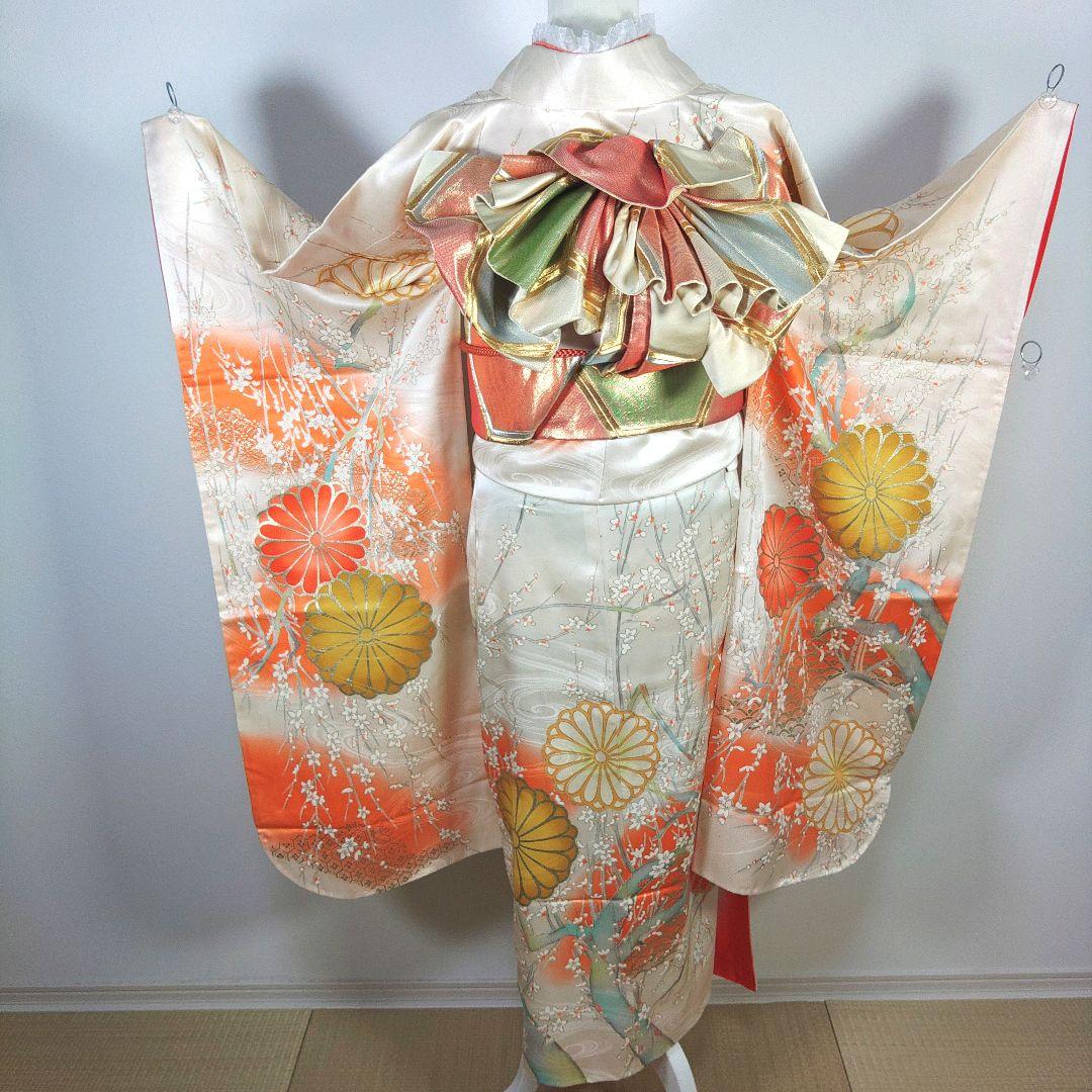 格安！　振袖フルセット　9点　成人式　結婚式　前撮り　ホワイト　オレンジ　高身長