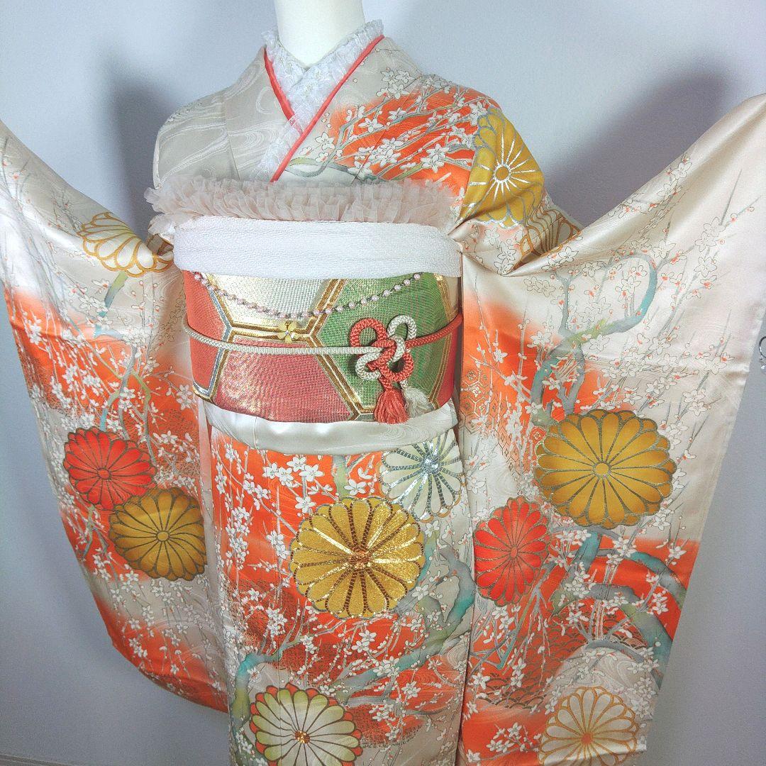 格安！　振袖フルセット　9点　成人式　結婚式　前撮り　ホワイト　オレンジ　高身長
