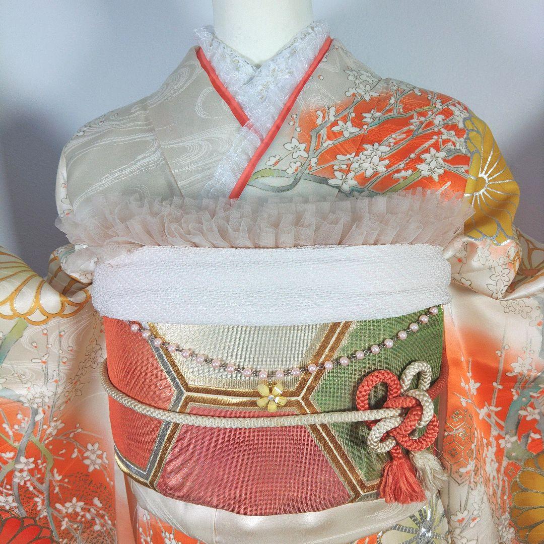 格安！　振袖フルセット　9点　成人式　結婚式　前撮り　ホワイト　オレンジ　高身長