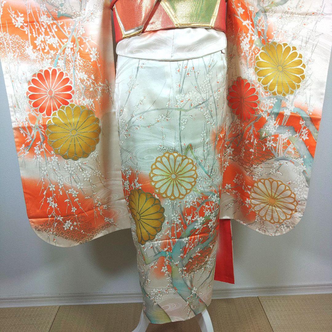 格安！　振袖フルセット　9点　成人式　結婚式　前撮り　ホワイト　オレンジ　高身長