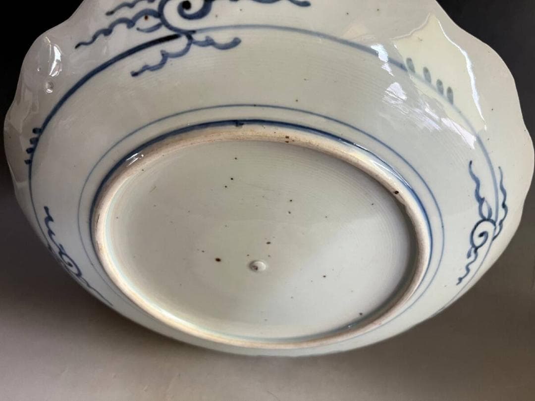 大皿■青海波 日の出 染付夫婦岩 花弁型皿(明治～大正期)古伊万里 時代物 骨董