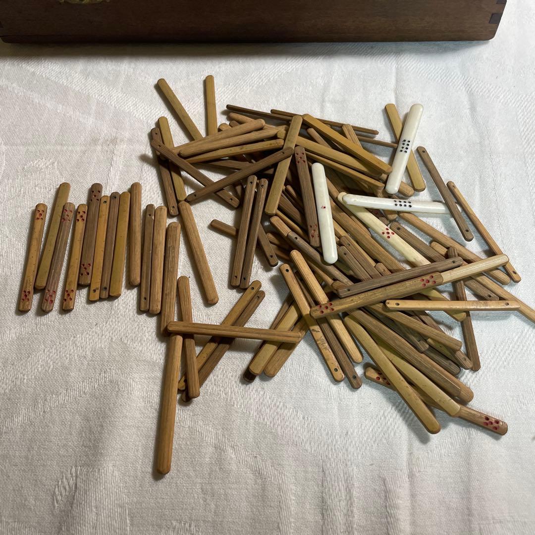 【骨董品】中国　竹嵌　骨牌　背竹牌　麻雀牌　箱付