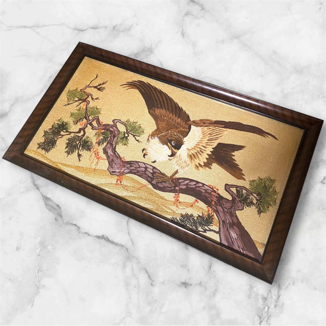 文化刺繍　鷲と松　鷲　額縁　アンティーク　昭和
