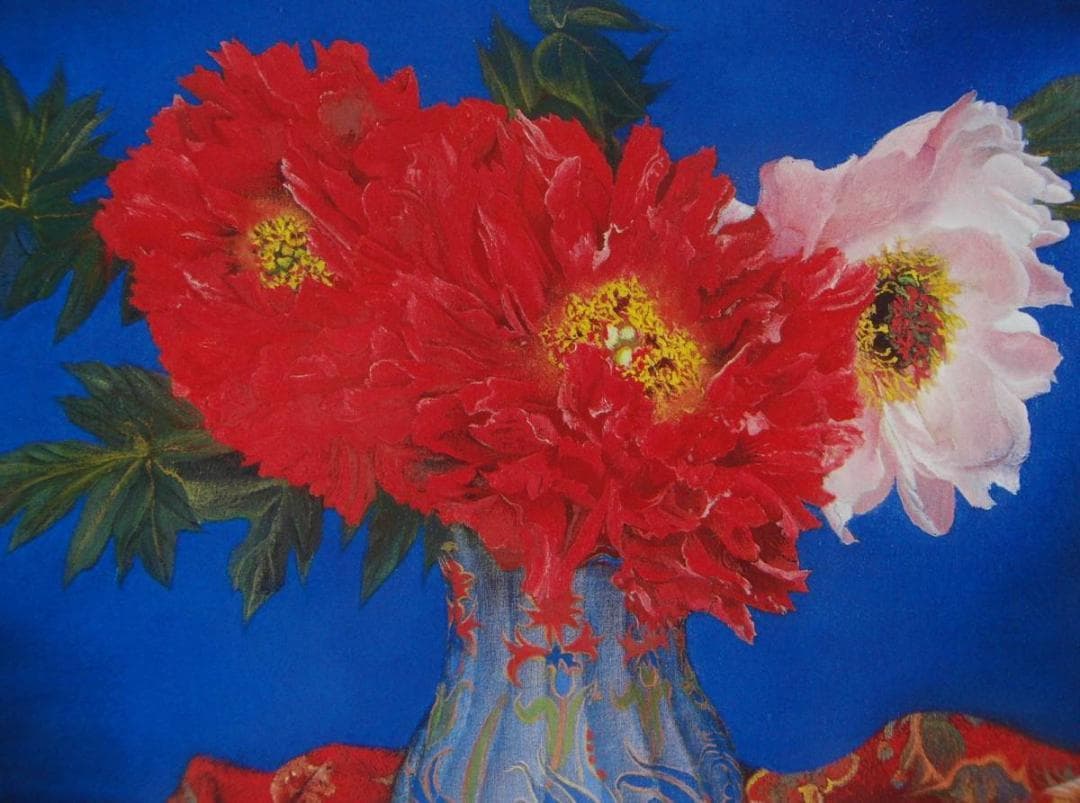 奥谷 博、「紅白牡丹図」、希少画集・額装画、日本製・新品額縁にて額装致します