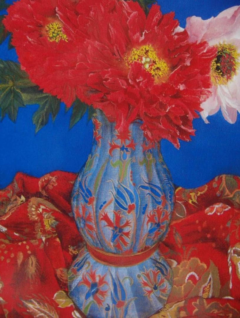 奥谷 博、「紅白牡丹図」、希少画集・額装画、日本製・新品額縁にて額装致します