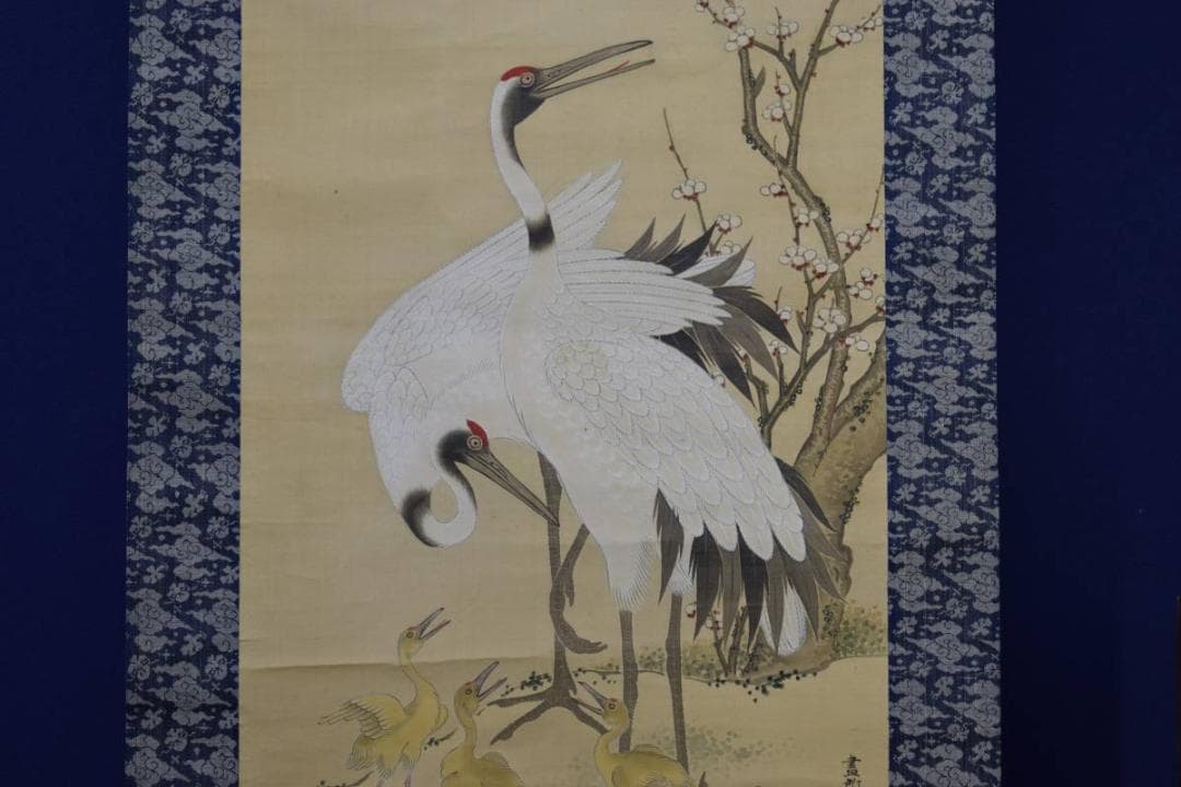 真作/土佐光貞/梅鶴図/桐題箱付/布袋屋掛軸HE-533